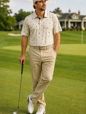 Scales Men’s Cream Novelty Print Golf Polo Shirt Large